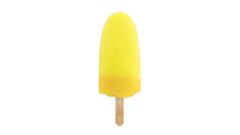 yellow pineapple popsicle with a bite missing on white background, stop motion