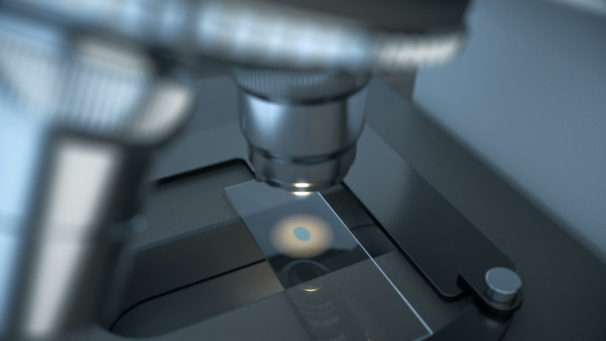 Close-up shot of scientific laboratory microscope with metal lens doing microbiology science research while inspecting chemical drop on prepared sample slide glass for medicine and chemistry industry Royalty-Free Stock Footage #1035965441