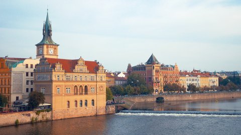 view Panoramic view from Charles Bridge, River Vltava Colored, Prague Old Town, Prague, Czechia
