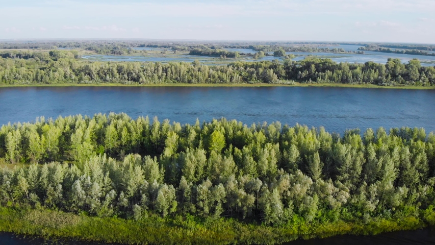 Aerial shot. summer landscape with river and blue sky. beautiful spills in the river valley. Mississippi Landscape