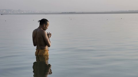 Hindu Priest Pandit Standing Water On Stock Footage Video (100% Royalty ...