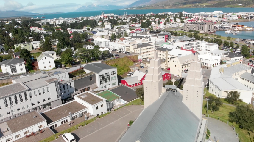 Aerial view of Akureyri town in Iceland on a sunny summer afternoon.
