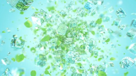 Exploding frosted ice cube with mint leafs in 4K