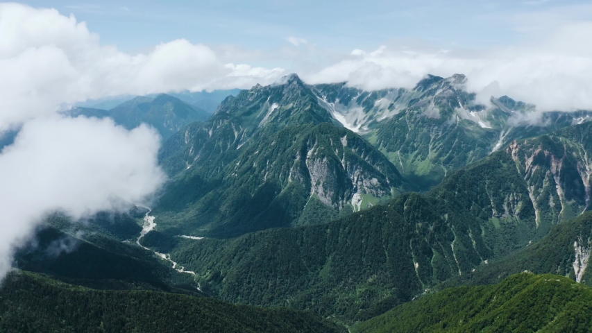 4k Aerial drone footage - Northern Japanese Alps, near Mt. Jonen. Nagano, Japan