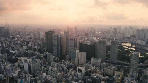 Tokyo skyline at sunrise, Japan - 4k Aerial drone footage