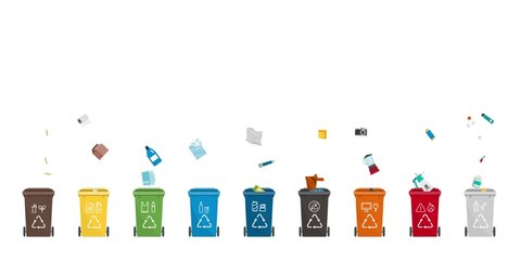 Separate waste collection and recycling: set of trash bins and sorting of different materials video animation