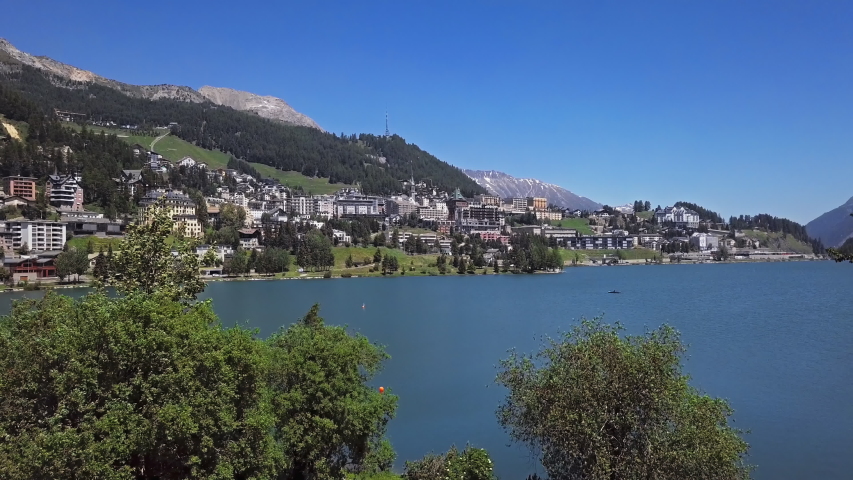 Aerial panorama of St. Moritz (Sankt Moritz), high Alpine resort town in the Engadine, Graubunden, Switzerland.