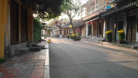 Walkthrough empty streets of Hoi An ancient town at sunrise, Vietnam