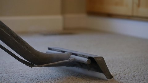 carpet cleaner sits on carpet steaming in slow motion close up on steamer. Steam machine sits on spot on carpet in this close up, slow motion clip.