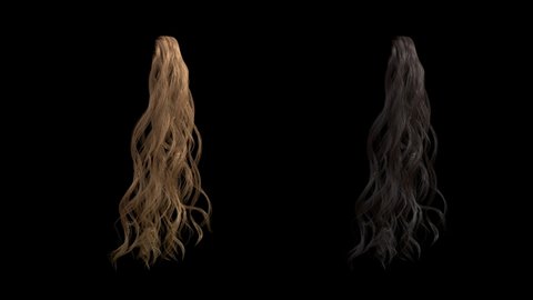 beautiful curly hair tress seamless loop fluttering isolated on black with alpha, two colors brunette and blond