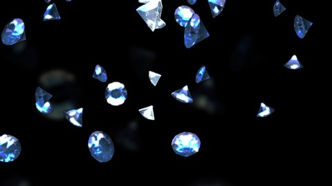 Slow motion closeup sparkle falling blue crystal diamonds looped video animation black blurred transparent background