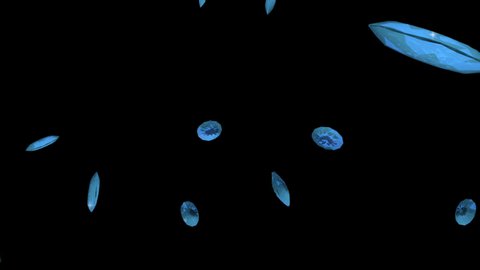 Slow motion closeup falling blue crystal brilliant diamonds looped video animation black transparent background