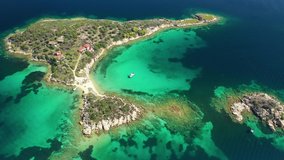 Aerial drone video of paradise exotic turquoise and emerald bay in popular Caribbean opean ocean destination