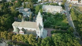 Flying around catholic church in Poland. Drone video. 