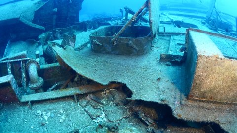 shipwreck scenery underwater ship wreck deep blue water ocean scenery of metal underwater