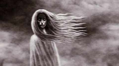 Young witch with flying hair. Mystical wind and ghost. Drawing magic girl looks into the camera. 2D animation horror fantasy genre. Gothic woman in dark. Monochrome color. Scary animated video clip. 