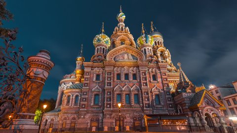 Night time-lapse (hyperlapse) of Church of the Savior on Blood in Saint-Petersburg