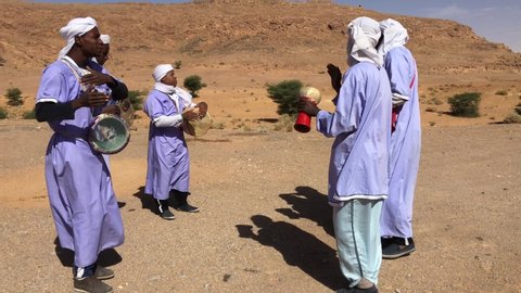 Taghit, Bechar, Algeria - November 03, 2017: Live music with ethnic percussions by Tuareg musicians.