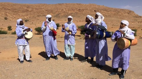 Taghit, Bechar, Algeria - November 03, 2017: Live music with ethnic percussions by Tuareg musicians.