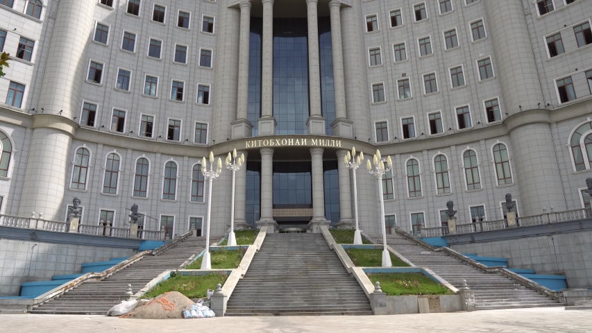 Dushanbe National Library Low Angle Frontal Breathtaking View at Tehron Street on a Sunny Blue Sky Day