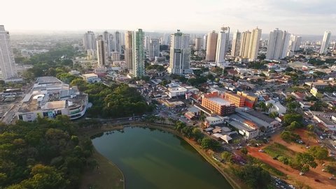 Aerial view of Goiania city, Goias state, Brazil. Lakes, houses and many buildings.