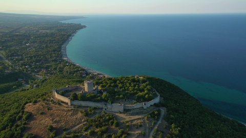 Aerial drone view video of iconic and historic medieval castle of Platamonas built in the slopes of Mount Olympus in Pieria area, North Greece