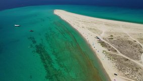 Aerial drone video of iconic sandy peninsula of Posidi in South Kassandra, Halkidiki, North Greece