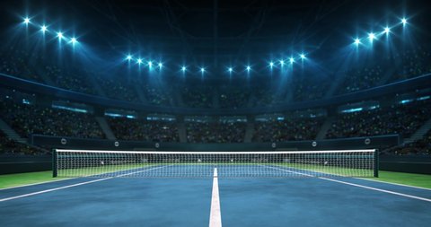 Illuminated tennis blue court before the game in a hall full of spectators, professional tennis sport 4k animation loop background