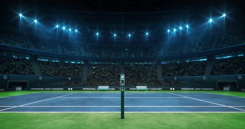 Illuminated tennis blue court before the game in a hall full of fans, professional tennis sport 4k animation loop background