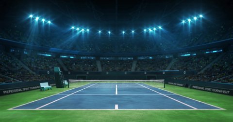 Lighting the tennis blue court before the game in the hall full of spectators, professional tennis sport 4k animation loop background