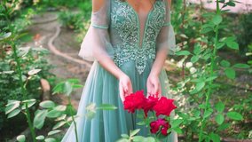 Art Portrait woman who hand touches blooming red rose. Hands flowers close-up. Queen in luxurious long watercolor blue dress with lace on corset. Fairy tale girl maiden. Delicate makeup raspberry lips - Powered by Shutterstock - Get 15% off with code: PIKWIZARD15