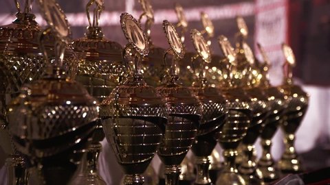 Golden trophy accolades lined up for boxing event, close up