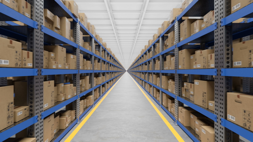 Beautiful Huge Light Warehouse with Parcels on Endless Metal Shelf. Moving Through the Large Storage Room with Cardboard Boxes Looped 3d Animation. Logistics Concept. 4k Ultra HD 3840x2160. | Shutterstock HD Video #1036047539