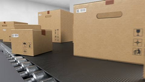 Beautiful Parcels Moving on Conveyor Belt System Seamless. Cardboard Boxes with QR Code Transportation in Delivery Service Looped 3d Animation. Logistics Concept. 4k Ultra HD 3840x2160.