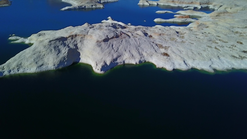 Amazing Rocky Coast of Artificial Lake Powell Reservoir on Colorado River Usa, Tilt Up Aerial