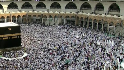 MECCA, SAUDI ARABIA,  September 2019 - Muslim pilgrims from all over the world gathered to perform Umrah or Hajj at the Haram Mosque in Mecca, Saudi Arabia, days of Hajj or Omrah