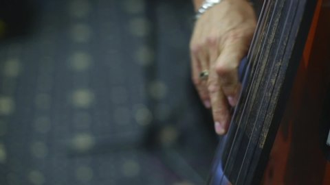 A man plays the double bass strings. Close-up. Fingers fingering the strings. Rock Band