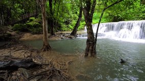 Beautiful nature footage of Huay Mae Kamin Waterfall in tropical rainforest at Kanchanaburi province, Thailand
