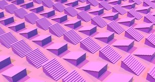 Moving staircases 3d footage. Sliding ladders rows abstract animation. Interior isometric stairs in lines top view on pink background. Volumetric shapes motion. Dynamic creative video
