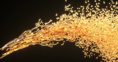 Spilling golden liquid 3d realistic footage. Oil splatters fountain. Honey, whiskey splashes closeup. Orange fluid stream isolated on black background. Beer, glowing dynamic flow abstract video
