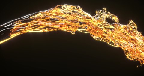 Golden liquid stream 3d realistic footage. Spilling orange fluid isolated on black background. Oil splatters, honey, whiskey splashes close up. Beer pouring, dynamic flow abstract video