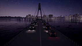 Bridge highway traffic at night 3d realistic footage. Motorway with vehicles movement animation. Cars on road motion. Seaport city skyscrapers on horizon. Modern expressway in evening video