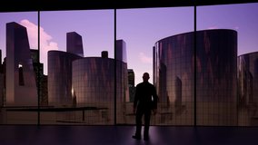 Man in penthouse looking at sunset footage. Businessman in suit silhouette back view zoom in. Boss standing in office and contemplating next big business deal animation. Modern city buildings video