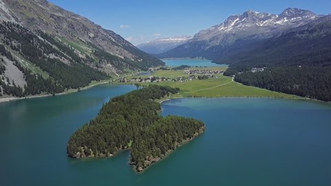 Aerial panorama of Engadin valley and Silvaplana lake, Graubunden, Switzerland.