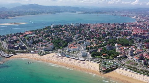 Panoramic aerial view of  coast line  and beach at Santander with apartment buildings, Cantabria, Spain


