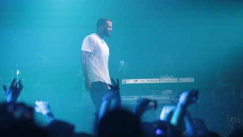 MOSCOW-18 DECEMBER,2016:Famous American rap singer The Game (Jayceon Terrell Taylor) performing live on stage in night club.Gangsta rapper from Compton singing in Russia