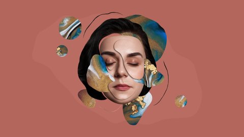 Surreal portrait of a beautiful woman. Contemporary art collage. Motion design.