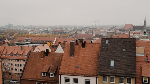 Panoramic view of Nuremberg, Germany. Nuremberg is the second-largest city of the German federal state of Bavaria. Left to right real time establishing shot.