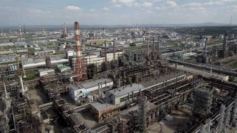 Salavat, Bashkortostan / Russia - 08.22.2019: Gazprom neftekhim Salavat. Aerial view of the petrochemical complex.