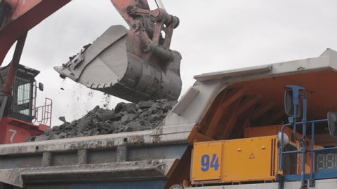 An excavator digs coal and pours it into a large yellow dump truck. Open pit coal mining